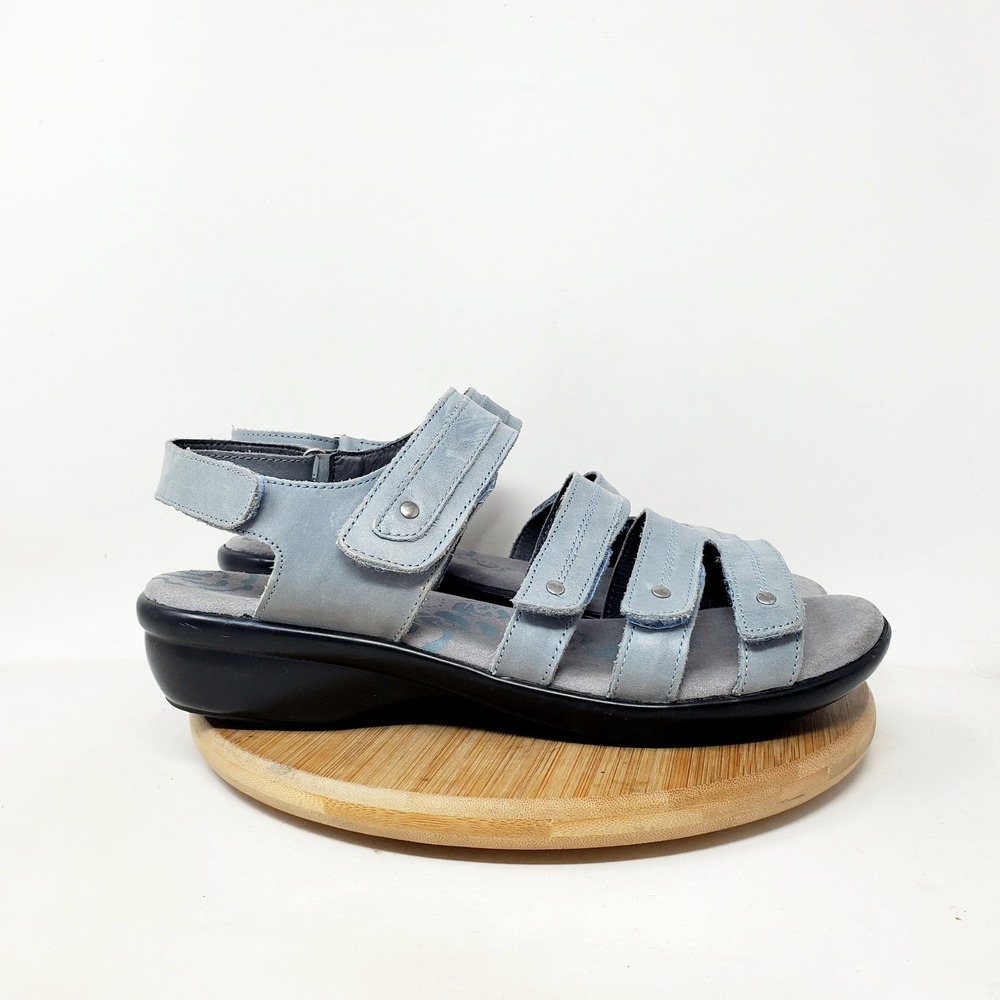 Propet Sandals Womens 8.5 Grey Blue Leather Strappy Adjustable Low Wedge Shoes